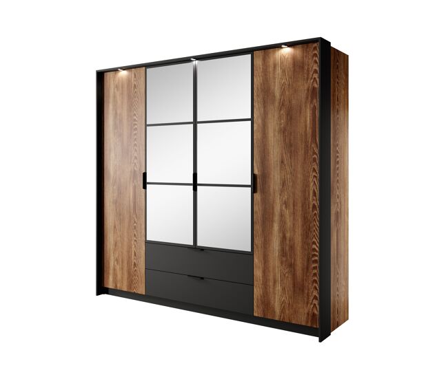 Armario milton en marrón, negro con un estilo moderno, mide 210x224x59 cm y tiene 10 estantes, 4 puertas y 2 cajones con iluminación led