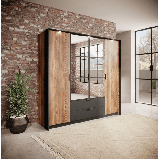 Roupeiro MILTON em castanho, preto, com um estilo moderno, mede 210x224x59 cm e tem 10 prateleiras, 4 portas e 2 gavetas com iluminação LED