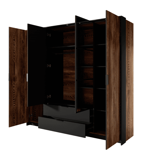 Roupeiro MILTON em castanho, preto, com um estilo moderno, mede 210x224x59 cm e tem 10 prateleiras, 4 portas e 2 gavetas com iluminação LED