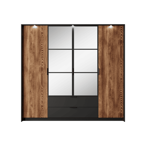 Roupeiro MILTON em castanho, preto, com um estilo moderno, mede 210x224x59 cm e tem 10 prateleiras, 4 portas e 2 gavetas com iluminação LED