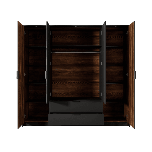 Roupeiro MILTON em castanho, preto, com um estilo moderno, mede 210x224x59 cm e tem 10 prateleiras, 4 portas e 2 gavetas com iluminação LED