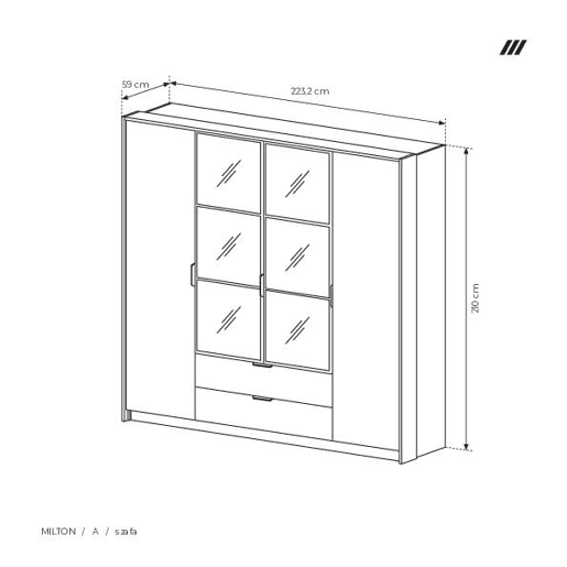 Roupeiro MILTON em castanho, preto, com um estilo moderno, mede 210x224x59 cm e tem 10 prateleiras, 4 portas e 2 gavetas com iluminação LED