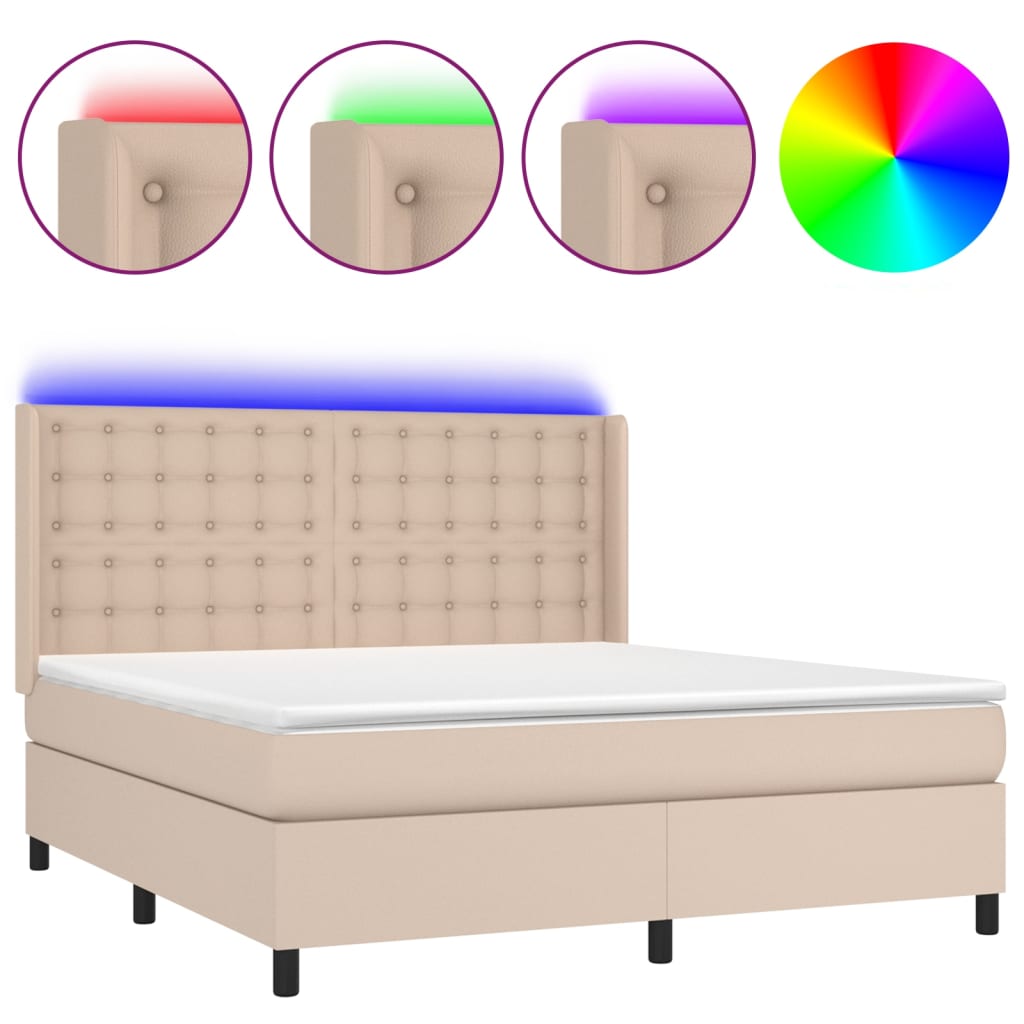 Cama box spring colchón led cuero sintético capuchino 160x200cm botones