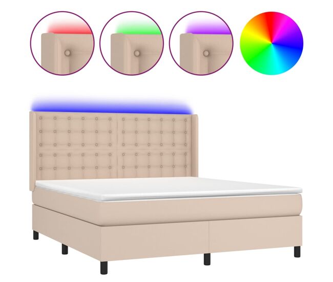 Cama box spring colchón led cuero sintético capuchino 160x200cm botones
