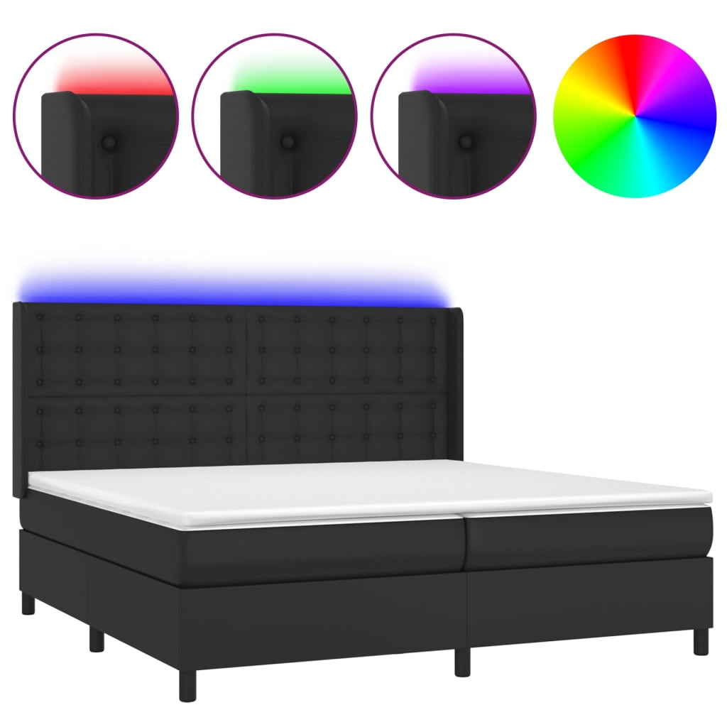Cama box spring colchón y LED cuero sintético - Botones 200x200 Negro