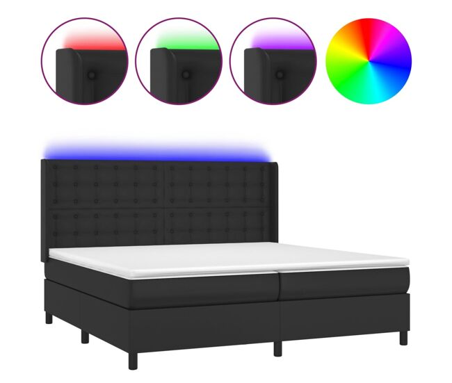 Cama box spring colchón y led cuero sintético negro 200x200 cm botones