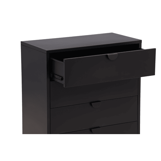 Cómoda PIRING em preto com estilo moderno, mede 117x78x40 cm e tem 4 gavetas