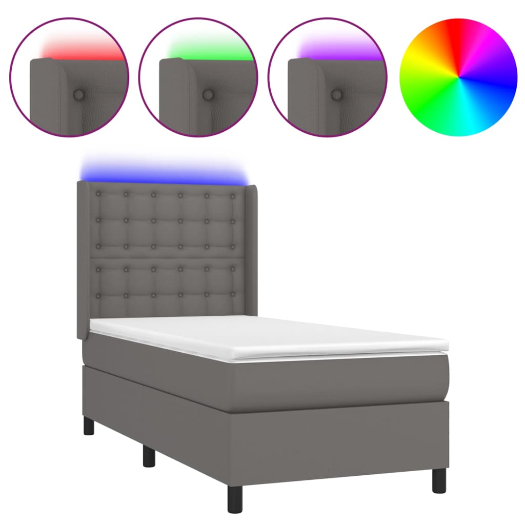 Cama box spring y colchón LED cuero sintético - Botones 80x200 Gris