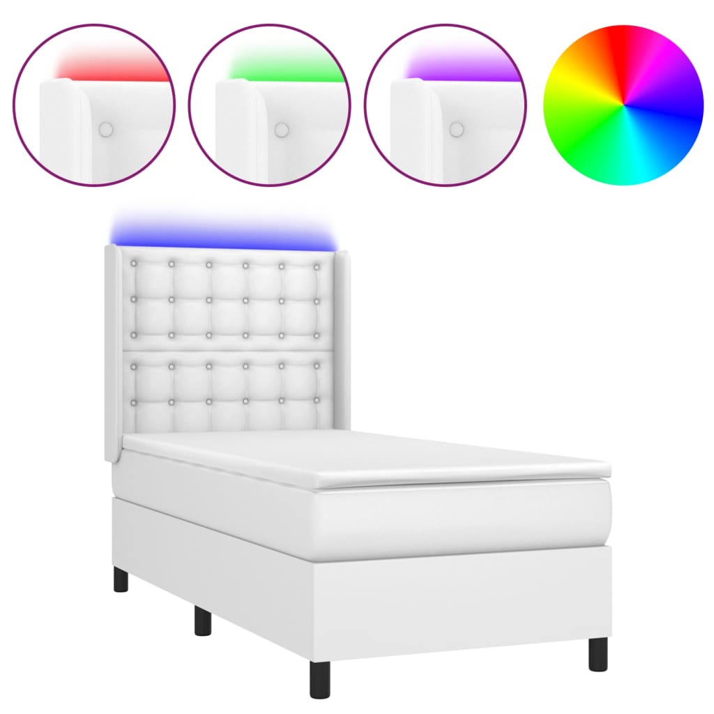 Cama box spring y colchón LED cuero sintético - Botones 80x200 Blanco