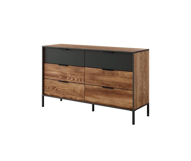 Cómoda MILTON en marrón, negra con un estilo moderno, mide 82x138x40 cm y tiene 6 cajones