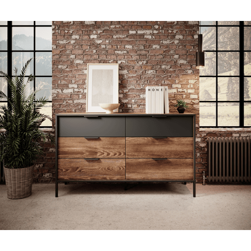 MILTON cómoda em castanho, preto com um estilo moderno, medindo 82x138x40 cm e tem 6 gavetas