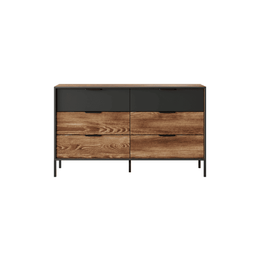 MILTON cómoda em castanho, preto com um estilo moderno, medindo 82x138x40 cm e tem 6 gavetas