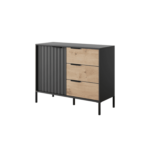Cómoda RAVE estilo moderno, mede 82x104x40 cm e tem 2 prateleiras, 1 porta e 3 gavetas