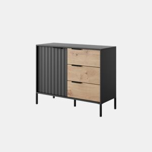 Cómoda RAVE estilo moderno, mede 82x104x40 cm e tem 2 prateleiras, 1 porta e 3 gavetas