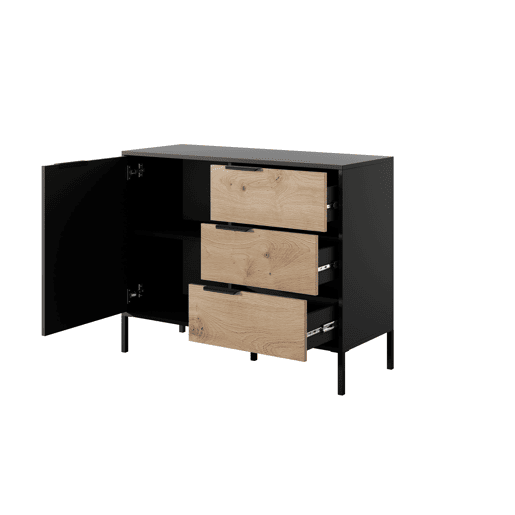 Cómoda RAVE estilo moderno, mede 82x104x40 cm e tem 2 prateleiras, 1 porta e 3 gavetas