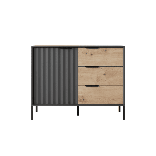 Cómoda RAVE estilo moderno, mede 82x104x40 cm e tem 2 prateleiras, 1 porta e 3 gavetas