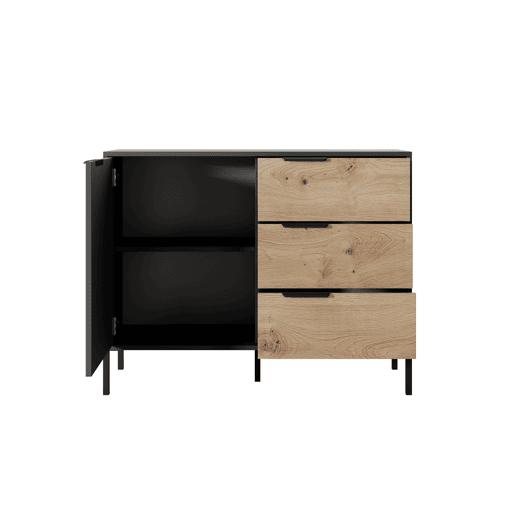 Cómoda RAVE estilo moderno, mede 82x104x40 cm e tem 2 prateleiras, 1 porta e 3 gavetas