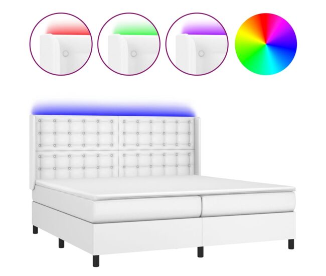 Cama box spring colchón y led cuero sintético blanco 200x200 cm botones