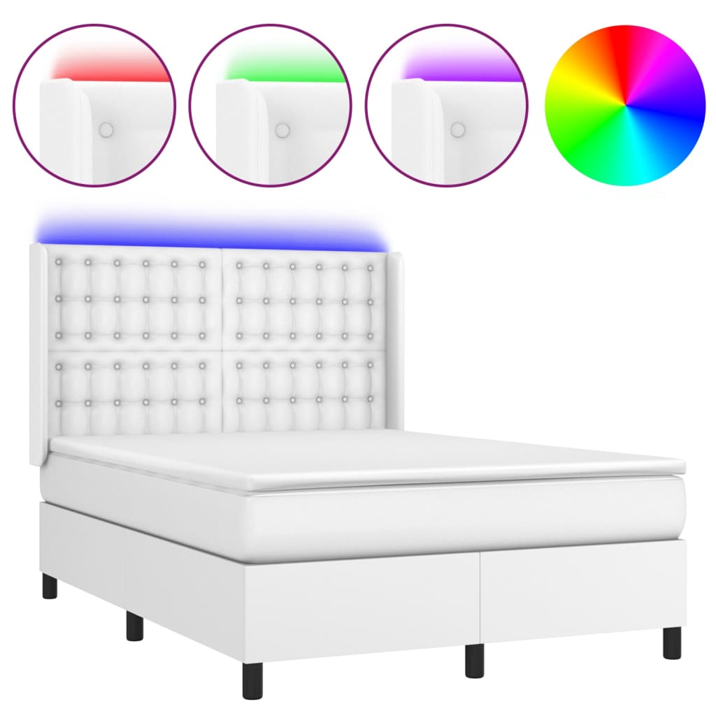 Cama box spring colchón y led cuero sintético blanco 140x190 cm botones
