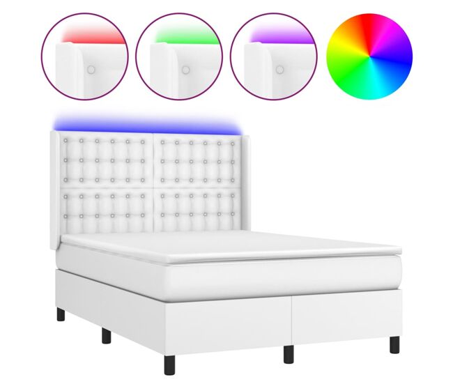 Cama box spring colchón y led cuero sintético blanco 140x190 cm botones