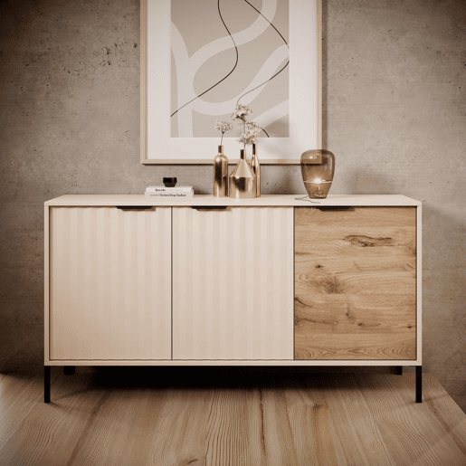 RAVE cómoda com um estilo moderno, medindo 82x154x40 cm e tem 6 prateleiras, 3 portas