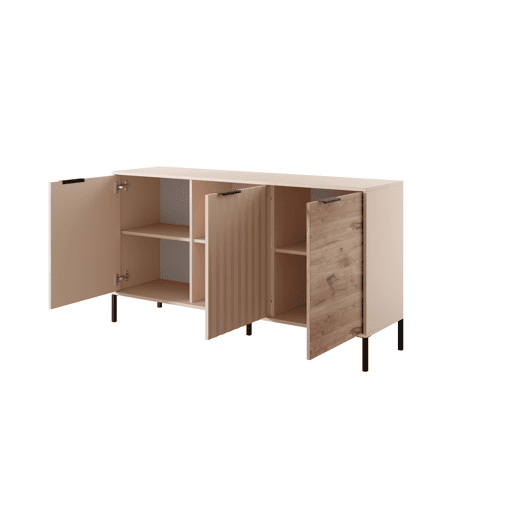 RAVE cómoda com um estilo moderno, medindo 82x154x40 cm e tem 6 prateleiras, 3 portas