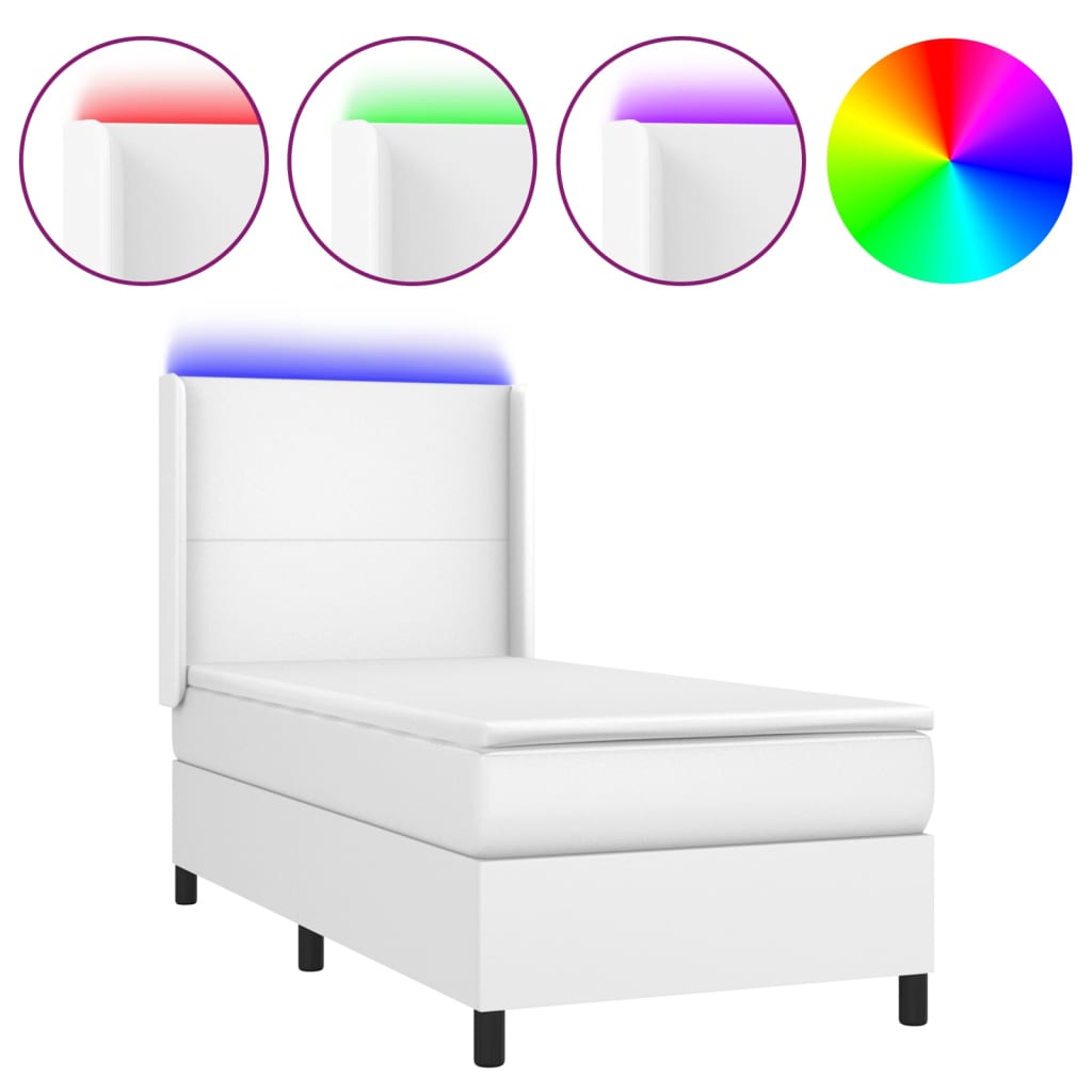 cama box spring y colchon led cuero sintetico blanco 90x200 cm diseno plano