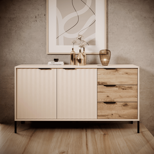 RAVE cómoda estilo moderno, medindo 82x154x40 cm e tem 4 prateleiras, 2 portas e 3 gavetas
