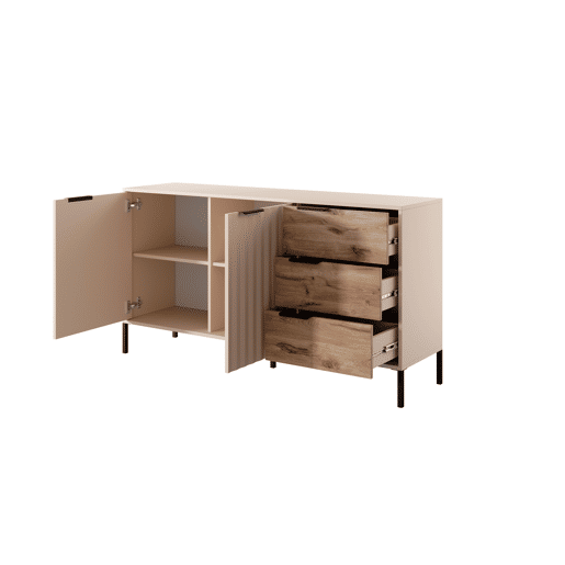 RAVE cómoda estilo moderno, medindo 82x154x40 cm e tem 4 prateleiras, 2 portas e 3 gavetas