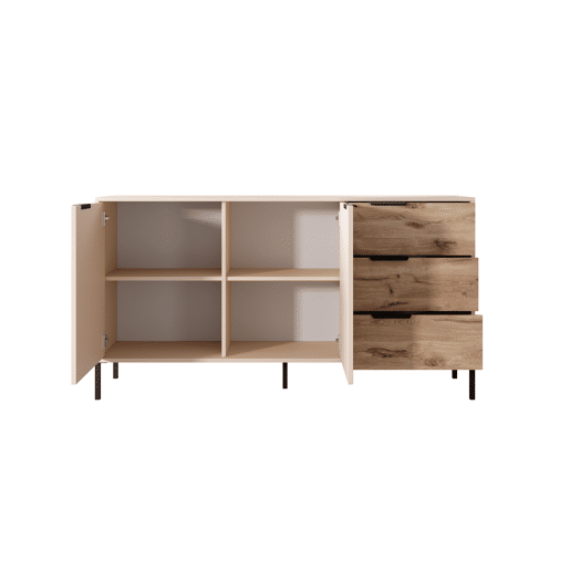 RAVE cómoda estilo moderno, medindo 82x154x40 cm e tem 4 prateleiras, 2 portas e 3 gavetas