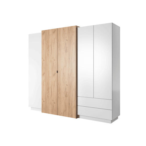 Roupeiro em branco, dourado com um estilo moderno, medindo 202x230x52 cm e tem 10 prateleiras, 4 portas e 2 gavetas