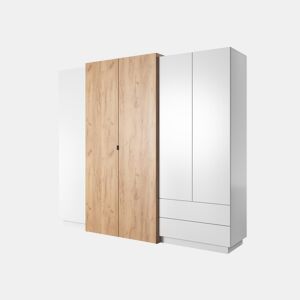 Roupeiro em branco, dourado com um estilo moderno, medindo 202x230x52 cm e tem 10 prateleiras, 4 portas e 2 gavetas