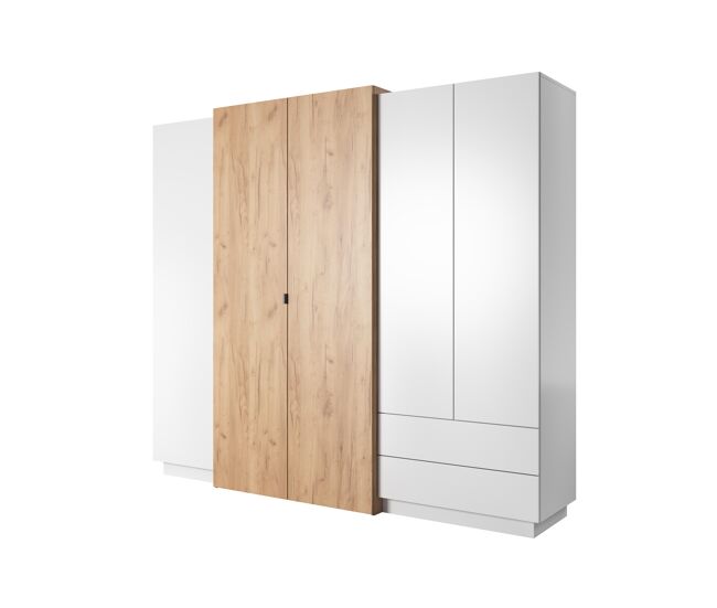 Armario en blanco, dorado con un estilo moderno, mide 202x230x52 cm y tiene 10 estantes, 4 puertas y 2 cajones