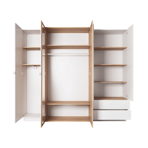 Roupeiro em branco, dourado com um estilo moderno, medindo 202x230x52 cm e tem 10 prateleiras, 4 portas e 2 gavetas