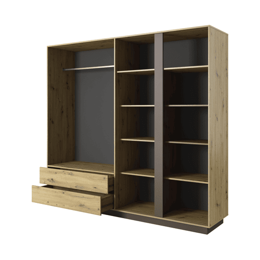 Armário ARCADE com um estilo moderno, medindo 203x220x54 cm, com 10 prateleiras, 4 portas e 2 gavetas com iluminação LED