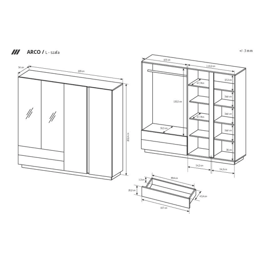 Armário ARCADE com um estilo moderno, medindo 203x220x54 cm, com 10 prateleiras, 4 portas e 2 gavetas com iluminação LED