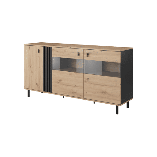 Cómoda MADIS em bege, preto com um estilo moderno, medindo 82x165x40 cm e tem 6 prateleiras, 3 portas, bem como iluminação LED