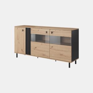 Cómoda MADIS em bege, preto com um estilo moderno, medindo 82x165x40 cm e tem 6 prateleiras, 3 portas, bem como iluminação LED