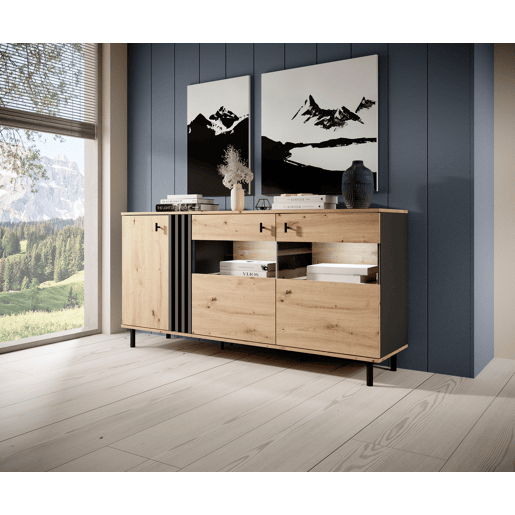 Cómoda MADIS em bege, preto com um estilo moderno, medindo 82x165x40 cm e tem 6 prateleiras, 3 portas, bem como iluminação LED