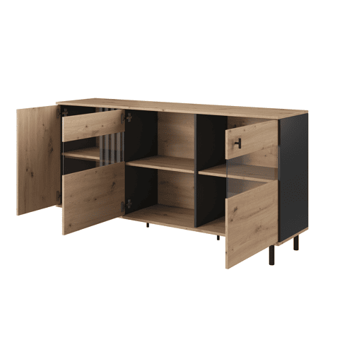 Cómoda MADIS em bege, preto com um estilo moderno, medindo 82x165x40 cm e tem 6 prateleiras, 3 portas, bem como iluminação LED