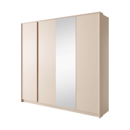 Roupeiro DAST em rosa, com um estilo moderno, mede 210x224x56 cm e tem 12 prateleiras, 4 portas e iluminação LED