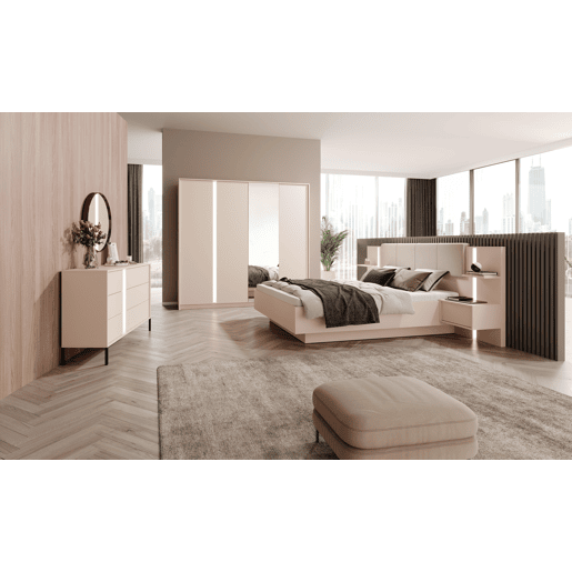 Roupeiro DAST em rosa, com um estilo moderno, mede 210x224x56 cm e tem 12 prateleiras, 4 portas e iluminação LED