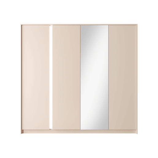 Roupeiro DAST em rosa, com um estilo moderno, mede 210x224x56 cm e tem 12 prateleiras, 4 portas e iluminação LED