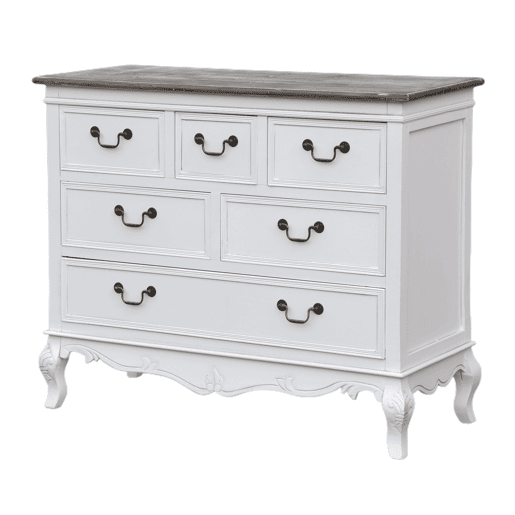 Cómoda RIMINI WHITE, em estilo campestre francês, com 81x110x40 cm e 6 gavetas