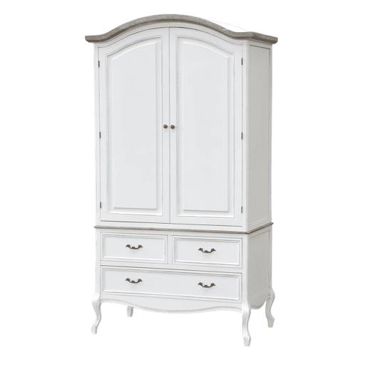 Roupeiros RIMINI WHITE, de cor branca e castanha, em estilo campestre francês, com 205x110x59 cm, com 2 portas e 3 gavetas