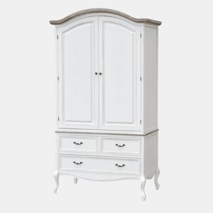 Roupeiros RIMINI WHITE, de cor branca e castanha, em estilo campestre francês, com 205x110x59 cm, com 2 portas e 3 gavetas