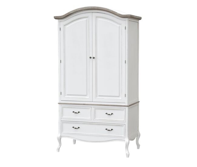 Armario rimini white, de color blanco y marrón, de estilo rústico francés, medidas 205x110x59 cm, con 2 puertas y 3 cajones.