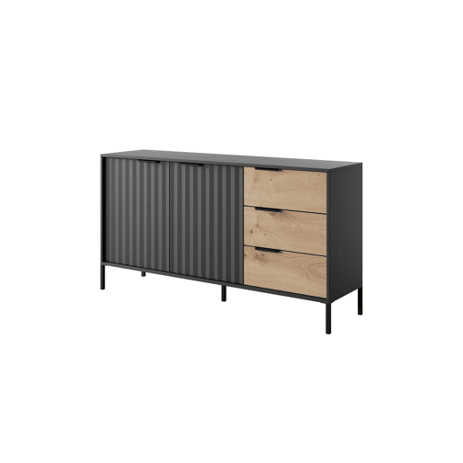 RAVE cómoda estilo moderno, medindo 82x154x40 cm e tem 4 prateleiras, 2 portas e 3 gavetas