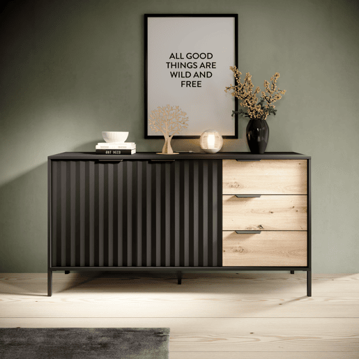 RAVE cómoda estilo moderno, medindo 82x154x40 cm e tem 4 prateleiras, 2 portas e 3 gavetas