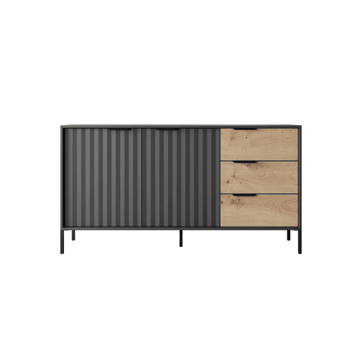 RAVE cómoda estilo moderno, medindo 82x154x40 cm e tem 4 prateleiras, 2 portas e 3 gavetas